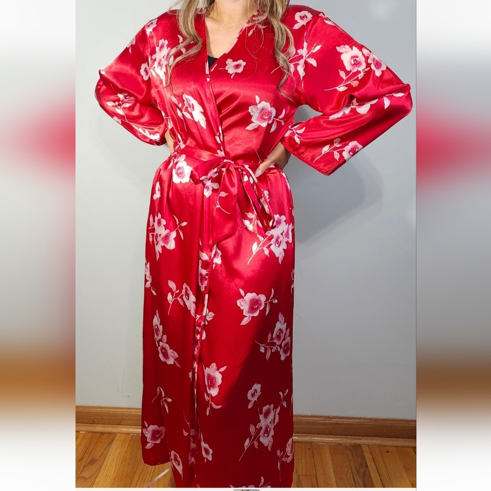 Jones New York Red Floral Satin Long Robe | Belted Full Length | Medium
